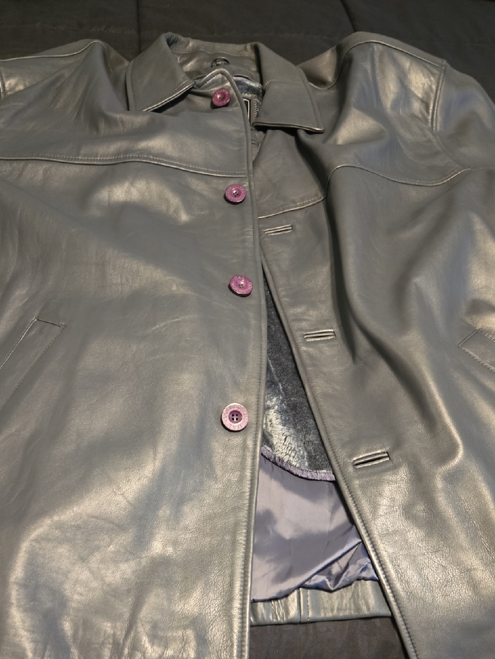 Women’s Leather Coat with Purple Button Accents